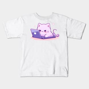 Kawaii anime cat using laptop Kids T-Shirt